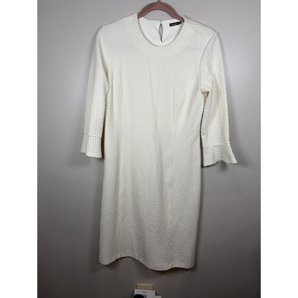 J. McLaughlin Textured Sheath Dress Size Medium Ivory Cream  3/4 Sleeve Stretch